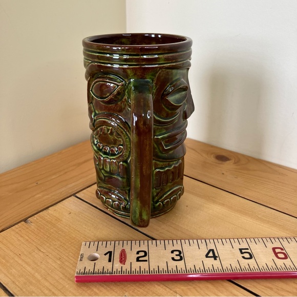 Hawaiian Tiki Double Face Mug Green & Brown Glaze Ceramic Cup with Handle 20 oz - Picture 6 of 9